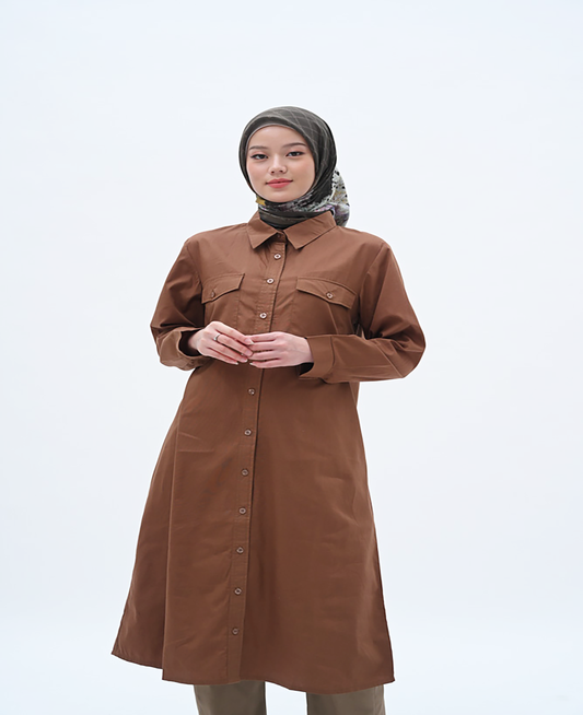 woman tops pakaian wanita shirt dress brown cotton poplin