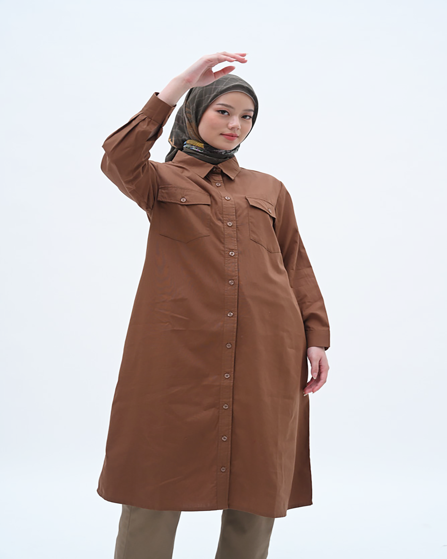 woman tops pakaian wanita shirt dress brown cotton poplin