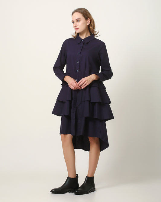 woman top shirt dress pakaian atasan wanita kemeja tiered navy