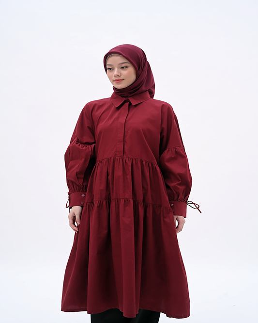 woman tops shirt dress pakaian wanita atasan sleeve balon ruffle pita marun