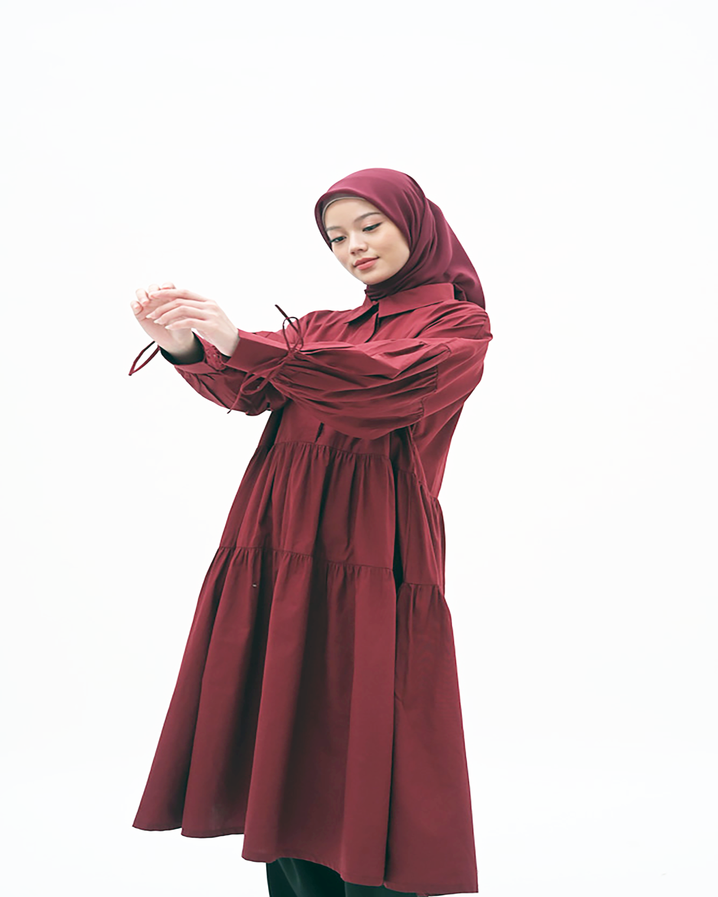 woman tops shirt dress pakaian wanita atasan sleeve balon ruffle pita marun